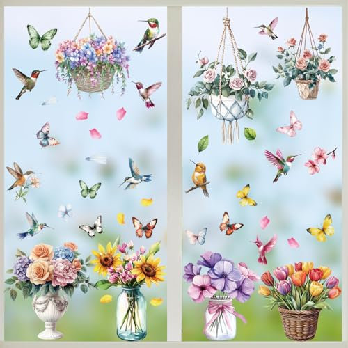 BETESSIN Fensterbilder Frühling Selbstklebend - 9 Bögen Blumen Fensterbilder mit Topfpflanze Motiv - Frühlingsdeko Fenster - Statisch Haftende Fensteraufkleber - Fensterdeko für Frühling, Sommer