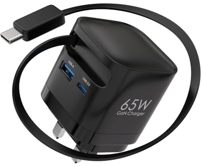 TOPADRE 65W USB C Charger Plug with Retractable Cable, 3-Port Fast Charger | Fast Charger, Power Adapter for MacBook Pro/Air, for iPhone 17/16/15 Pro Max Series, for iPad, Laptop, Galaxy and More, Black