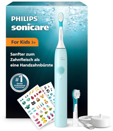 Philips Sonicare for Kids elektrische Kinderzahnbürste - Schallzahnbürste für Kinder ab 3 Jahren, 2 sanfte Putzprogramme, 2-Minuten-Timer, 2 Mini Bürstenköpfe, Blaugrün, Modell HX6500/23