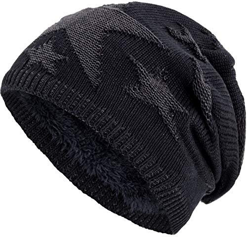 Compagno Sternen Wintermütze warm gefütterte Beanie Flechtmuster Einheitsgröße Mütze, Farbe:Schwarz