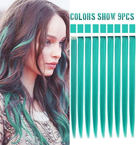 Rhyme Colored Hair Extensions Clip In,9 Pieces 21'' Teal | Light weight,Natural look,Easy application,Colorfast,Clip-in installation,Party Hightlight,Gift,Girls hair accessories