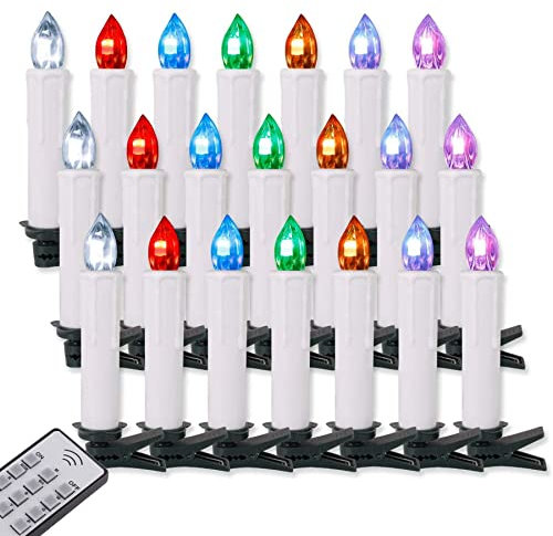 Kefflum 20er Weihnachtskerzen Bunt Kabellose, RGB LED Kerzen Dimmbar Flackernde Kerzenlichter mit Fernbedienung, Weihnachtbaumbeleuchtung für Halloween Weihnachten Hochzeit Party