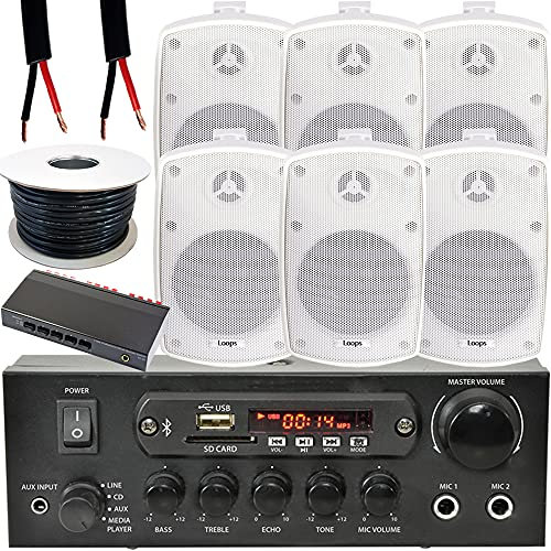 QUALITY 6x 4” 60W White Wall Outdoor Speakers & 3 Zone Bluetooth Amplifier Kit | SMART HOME Multi-Room | BBQ Garden Party Restaurant System | External/Internal Audio | HiFi Wireless Music Streaming