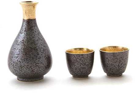 Japanische Sake-Set, Sake Karaffe und 2 Sake Becher Shuki, Grau-Schwarz gemuster aus Arita-Porzellan