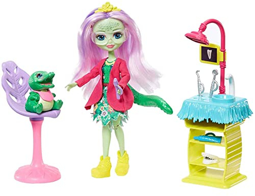 Enchantimals Zahnarztpraxis Spielset mit Andie Alligator-Puppe (15 cm), Tierfigur und über 10 Zubehörteilen