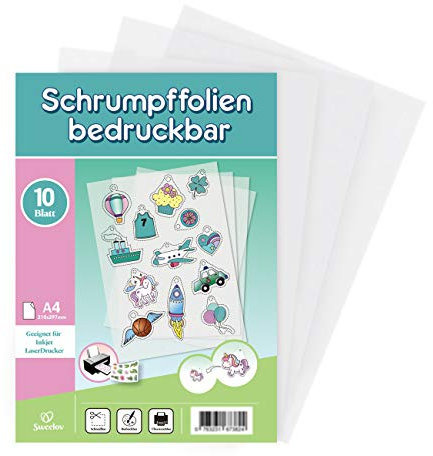 Sweelov 10 fogli di pellicola termoretraibile, stampabile, formato A4, termoretraibile, trasparente, decorazione per artigianato