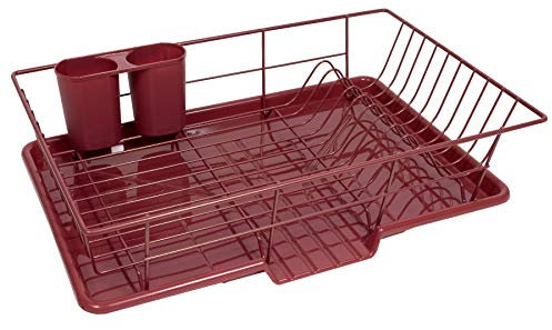 Sweet Home Collection 3 Piece Dish Drainer Rack Set with Drying Board and Utensil Holder, Metal, Plasic, Burgundy