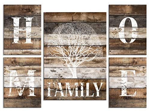 decomonkey - Impression sur Toile Home Arbre 110x80 5 Pièces - Tableau Décoration Appartement Cadre en Bois Déco Salon Peinture sur Toile Maison, bois, arbres, inscriptions vintage en anglais