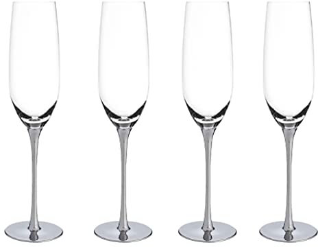 Sparkleware Set of 4 Metallic Gold Glass Champagne Flutes/Glasses - Toasting Flutes for Wedding or Birthday Celebration (Silver Stems)