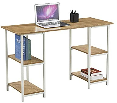 SVITA Studio Bürotisch Eiche-Optik weiße Metall-Beine mit Regal Schreibtisch Computertisch Arbeitstisch PC Tisch