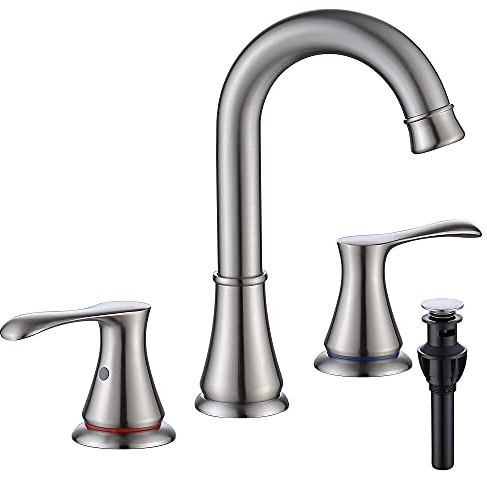 WiPPhs 3 Hole Bathroom Faucet with Pop Up Drain and cUPC Faucets Supply Hose, 360 Degree Swivel Spout 2 Handle 8 inch Brass Widespread Bathroom Sink Faucet, Basin Faucet Mixer Taps (Brushed Nickel)