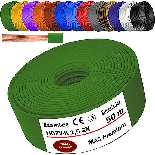 MAS Premium Von 5 bis 100m Aderleitung H07 V-K 1x1,5 mm² SW, HBL, GNGE, GN, RT, DBL, BR, OR, GR, WS, VIO, U-MAR.BL oder GE Einzelader flexibel (Grün, 50m)