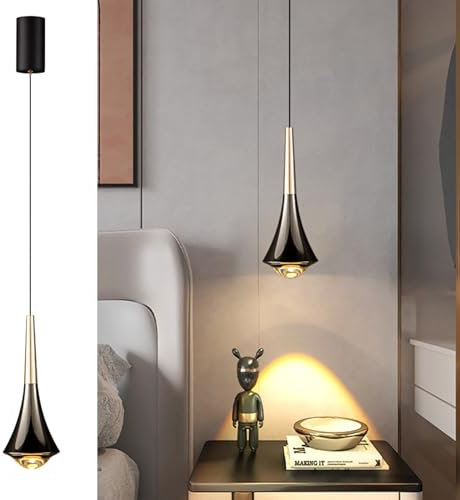ACMHNC Lampe Suspension LED, Suspension Luminaire Chambre, Design Goutte D'eau, Hauteur Réglable 190cm, 3000k, Lustre Suspension Noir Or Pour Cuisine, Salle à Manger, Comptoir, 22x8.5cm, Aluminium