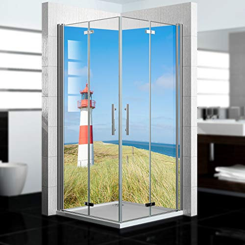 dedeco Eck-Duschrückwand wasserfest Motiv: Leuchtturm V2, 2 x 90x200 cm, Badrückwand, Fliesenersatz fugenlos Wandverkleidung Duschplatte Duschrückwände aus Aluminium, Made in Germany