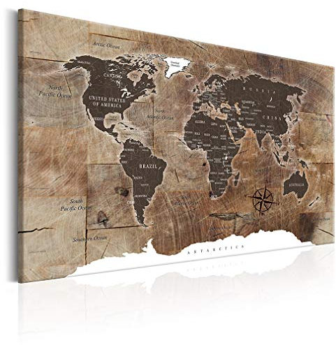 decomonkey Akustikbild Weltkarte 90x60 cm XXL 1 Teilig Leinwand Modern Bilder Wandbilder XXL Schallschlucker Schallschutz Akustikdämmung Wandbild Deko Leise Holz Welt Karte Landkarte Kontinente