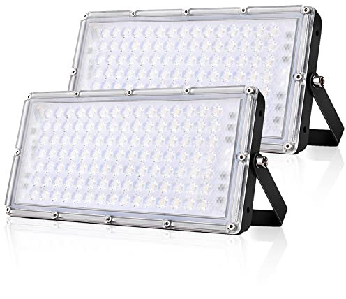 Viugreum Lot de 2 projecteurs LED ultra fins 100 W Blanc chaud 3200 K Super lumineux 10 000 lm Avec 105 LED SMD 2835 Étanche IP66 Pour jardin, garage