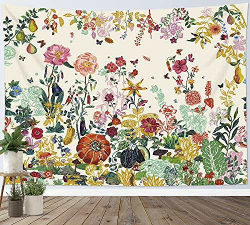 LB Bunte Blumen Wandteppich Botanische Pflanzen Wandtuch Vintage Blumen Wandbehang Ästhetisch Tapisserie für Wohnzimmer Schlafzimmer Wohnheim Wanddeko,150x130cm