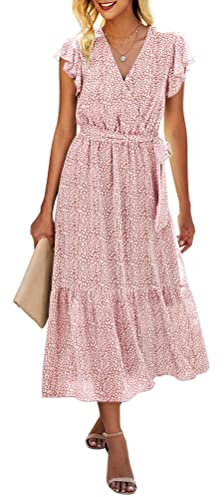 ORANDESIGNE Femme D'été Robe Longue Imprimé Floral Wrap Col en V Manches Courtes Ceinture à Volants Ourlet A-Line Bohème Maxi Robes F Rose L