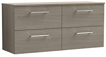 nuie ARN2524W2 Arno Modern Bathroom Wall Hung 4 Drawer Double Vanity Unit with Colour Worktop, 1200mm, Woodgrain Anthracite