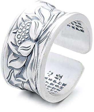 Lllunimon 925 Sterling Silber Bunte Glasur Lotus Ring Exquisit Wide Band Heart Sutra Ring Unisex für Yoga Meditation,Silber