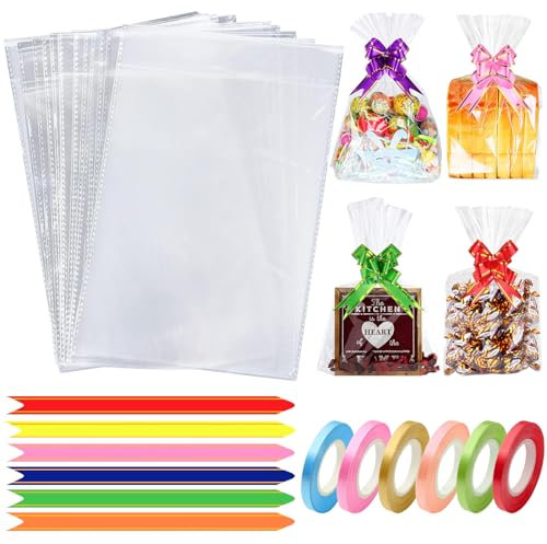 Nestling Cellophane Bags: 120 Pack (6 x 10 Inches), Colorful Roll Bows, Twist Ties, Flat, Clear, Gift Packaging