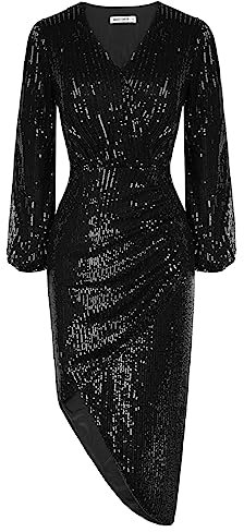 GRACE KARIN Ladies Sequin Prom Long Sleeve Midi Wrapped Slim Bodycon Dress V-Neck Christmas Party Festival Sequined Black S