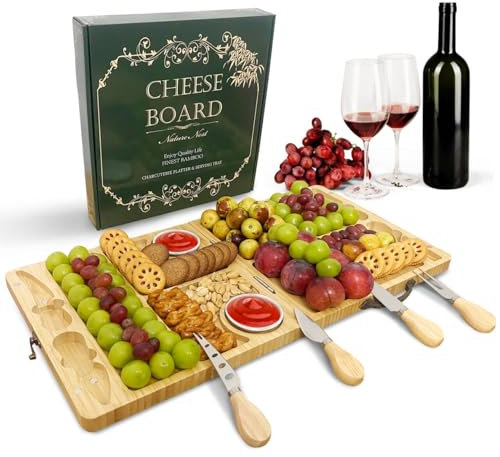 Grande planche à charcuterie, plateau de service à fromage portable pliable, ensemble de couteaux à fromage multifonction, convient pour l'extérieur, anniversaire de mariage, Noël, cadeaux de