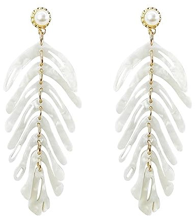 Palm Leaf Earrings for Women, Cute Plant, Pearl Acrylic Dangle Hypoallergenic, Tropical Tree Statement Drop Earrings, Bohemian Feather Studs, Jewelry Gifts, White