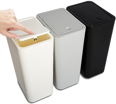 NetDot N Kleiner Mülleimer mit Deckel, Badezimmer-Mülleimer mit Pop-Up-Deckel, Abfalleimer für Badezimmer, Küche, Schlafzimmer, Puderzimmer, Büro, Uni, 3 Stück (Schwarz-Grau-Off-White)