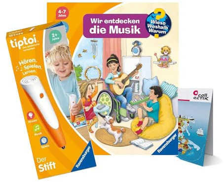 tiptoi Ravensburger Set: Wieso? Weshalb? Warum? Wir entdecken die Musik + 00110 Stift + Kinder-Weltkarte, Lernspielzeug für Kinder