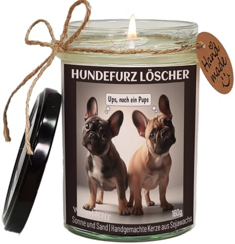 Hundefurz Löscher Duftkerze mit französischer Bulldogge und lustigem Spruch, Apfel & Zimt, handgemacht aus Sojawachs, inklusive Geschenkverpackung und Baumwolltüte