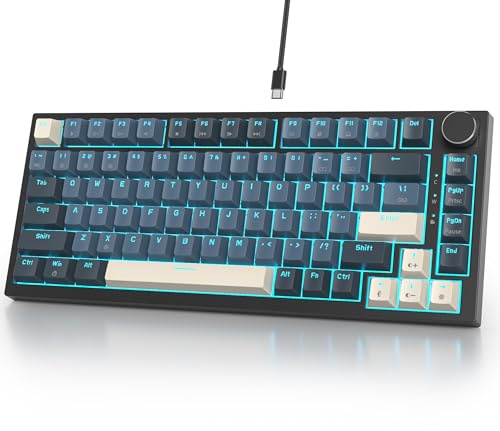 Fogruaden Teclado para juegos 75% con cable, intercambiable en caliente, montaje en junta, teclado mecánico cremoso con perilla, interruptor rojo lineal, retroiluminación RGB, almohadillas para orejas