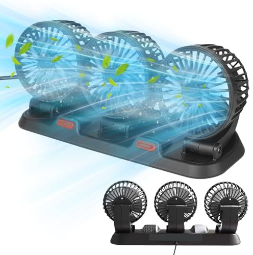 Ventilateur de voiture 12 V, USB, à trois têtes, silencieux, portable, avec 2 vitesses, rotation à 360 °, réglable pour camion, camping-car, SUV