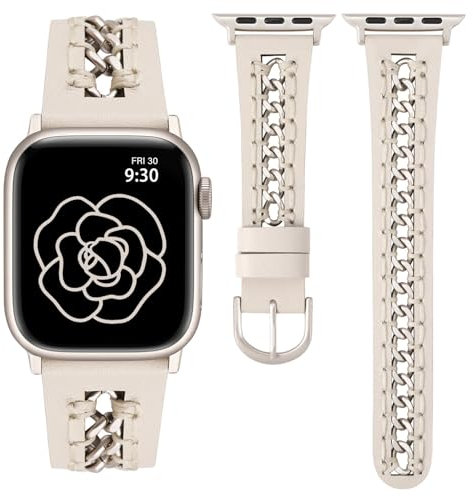 TOYOUTHS Lederarmbänder kompatibel mit Apple Watch Armband 41/40/38/42mm Damen, Elegant Dressy Leder Armbänder mit Ausgehöhltes Kettenarmband für iWatch 10/9/8/7/6/5/4/3/2/1/SE, Polarstern/Polarstern