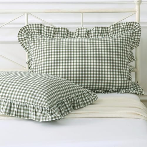 Silnuo Salbeigrün / weiße karierte Rüschen-Kissenbezüge, King-Size, gewaschene Baumwolle, Shabby-kariert, Gingham-Kissenbezüge, Bauernhaus-Kissenbezüge, 2er-Set, 50,8 x 91,4 cm