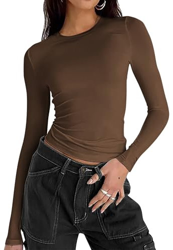 Zeagoo Damen Langarmshirt Basic T-Shirt Y2K Crop Tops Slim Fit Oberteile Casual Rundhals Tee Shirt Streetwear Braun L