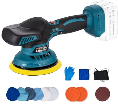 KATSU FIT-BAT Cordless Car Buffer Polisher 18V/21V 6 Inch Random Orbital Polishing Machine, 6 Variable Speed, 12 PCs Attachments for Auto Detailing/Polishing/Waxing/Sanding, No Battery