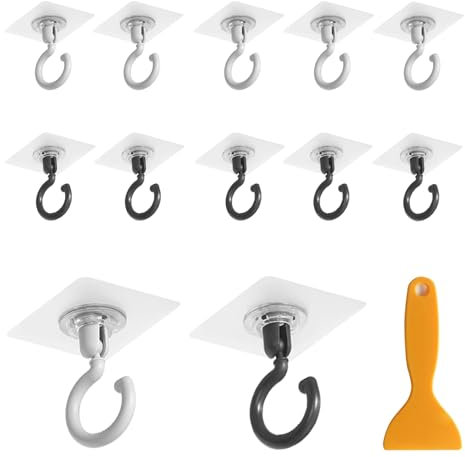 HEOUCH 10 Pièces Crochet Plafond Sans Percer, 360° Pivotants Crochet Adhesif Mural, Crochet Adhésif Extra Fort, pour Suspendre des Clés, et des Vêtements sur des Surfaces Lisses et Plates