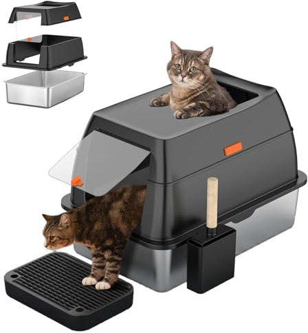 Katzenklo Edelstahl mit Deckel Katzentoilette XXL Geschlossen mit Katzentoilette Schaufel Katzenklo Einstieg Oben mit Katzenschaufel und Katzenklo Matte (Black 1)