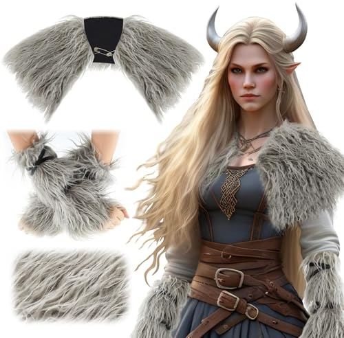 Geyoga 3 Stück Wikinger Kostüm für Damen Männer, Grau | Viking Kunstfell Kragen und Manschetten Mittelalter Outfit Wikinger Kostüm für Halloween Cosplay