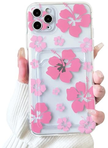 NITITOP Compatible with iPhone 11 Pro Max Case Clear with Card Holder Cute Pink Floral Pattern for Women Girl Flower Design Soft TPU Shock-absorbing Wallet Case Protective Phone Cover - Pink