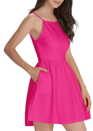 FANCYINN Donne Vestito Spaghetti Strap Sexy con Fascia a Strappo Abito a Trapezio Mini Abito Casual Rosso Rosato M