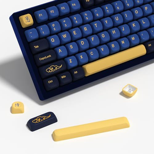 YMKPVR KBDiy Blaue Samurai-Tastenkappen, 75 % KOA-Profil, fünf Seiten, Farbstoff-Sublimation, PBT-Retro-Tastenkappen, 131 Tasten, Kappen-Set für Cherry Gateron MX-Schalter, mechanische Tastaturen