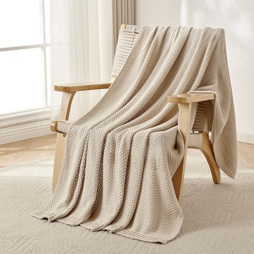 Joydeco Chunky Cable Knit Throw Blanket, Lightweight 100% Organic Cotton Soft Cozy Throw Twin Blanket for Couch Bed and Sofa, Rustic Breathable Farmhouse Blanket Gift for Women Men(Beige, 51x63)