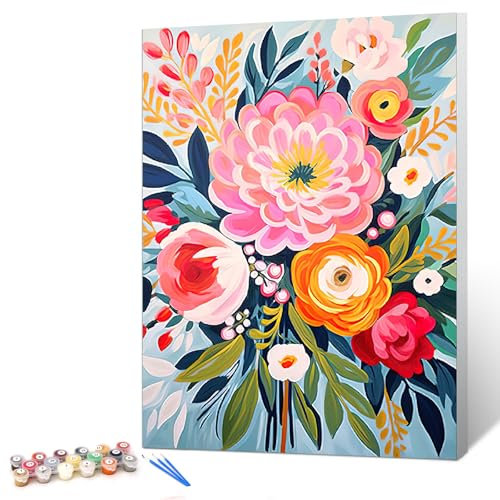 gelrovaled Peinture par Numéros pour Adulte, Peinture Acrylique pour Adultes Enfants débutants Facile sur Toile 30×40 cm avec peintures et pinceaux, Flower 03(Avec cadre)