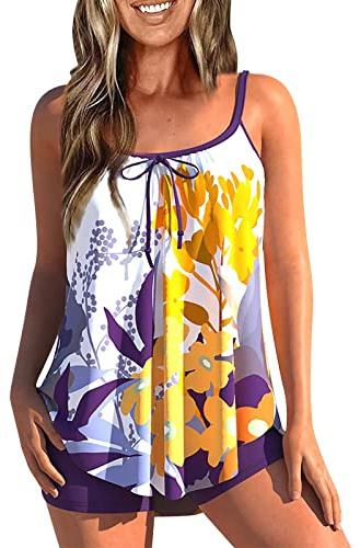 Tankini Maillot De Bain Femme 2 Pieces Shorty Tankini Taille Haute Menstruelle Amincissant Maillot De Bain Grande Taille Ensemble avec Armature Bikini Ete Marque Pas Cher Beachwear(Violet,3XL)