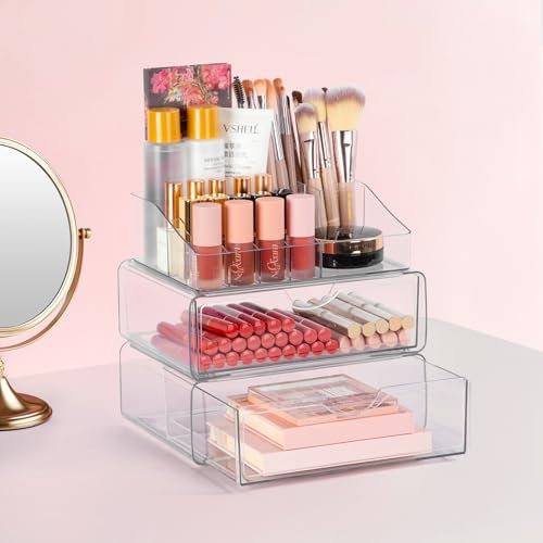FoiiLiio Organizzatore di Trucco Multifunzione, Organizer Trucchi Con Scomparti e 2 Cassetti Impermeabili Porta Trucchi, Organizzatore Trucchi Trasparente In Acrilico (Con cuscinetti antiscivolo)