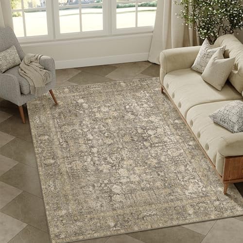 HUGEAR Braun Vintage Teppich Wohnzimmer 120x180cm Waschbar | Waschbarer Retro Teppich,Weich,Rutschfest Kurzflor,Groß,für Wohnzimmer,Schlafzimmer, Esszimmer,Büro,Carpet,Teppiche