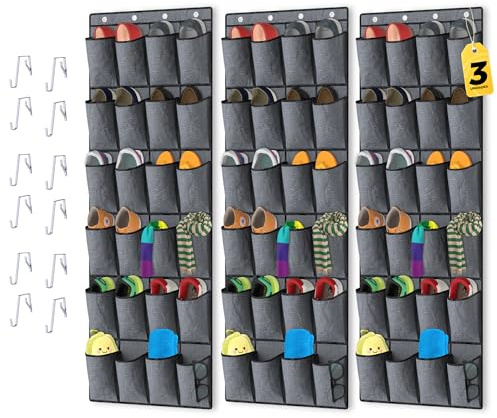 Organizador de Zapatos Colgante para Puerta con 24 Bolsillos, Zapatero Plegable Ahorra Espacio, Almacenamiento Vertical para Dormitorio, Armario, Baño o Recibidor – Gris (45x55 cm) - 3 Unidades