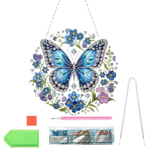 ARTGUTS Diamond Painting Anhänger,Diamond Painting Türkranz,Brillante 5D Diamond painting Fensterbilder mit Kette,für Fenster Wand und Eingang Decor (Schmetterling)